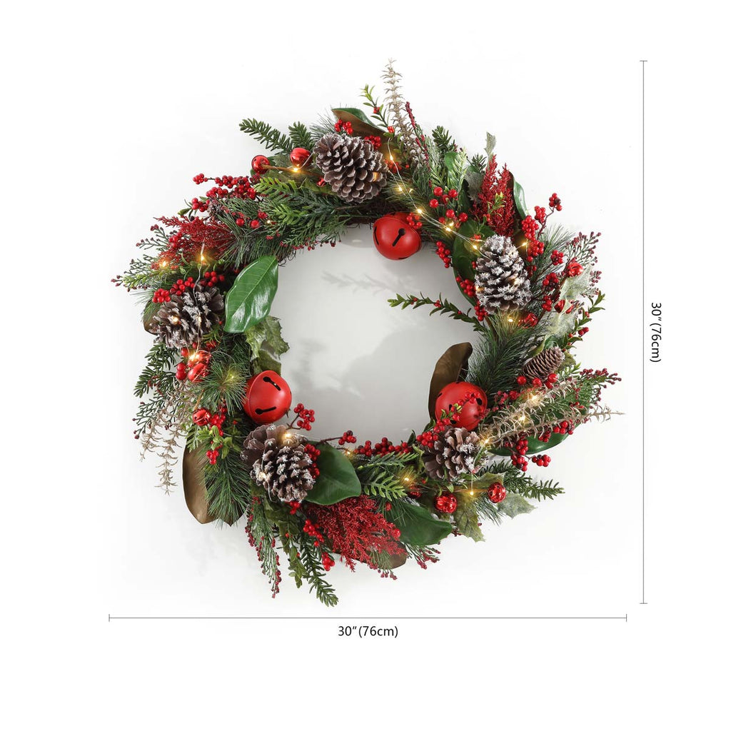 Safavieh Faux 30 Inch Myrtle Led Wreath w/ Red Bells , FXP1092 - Green / Red