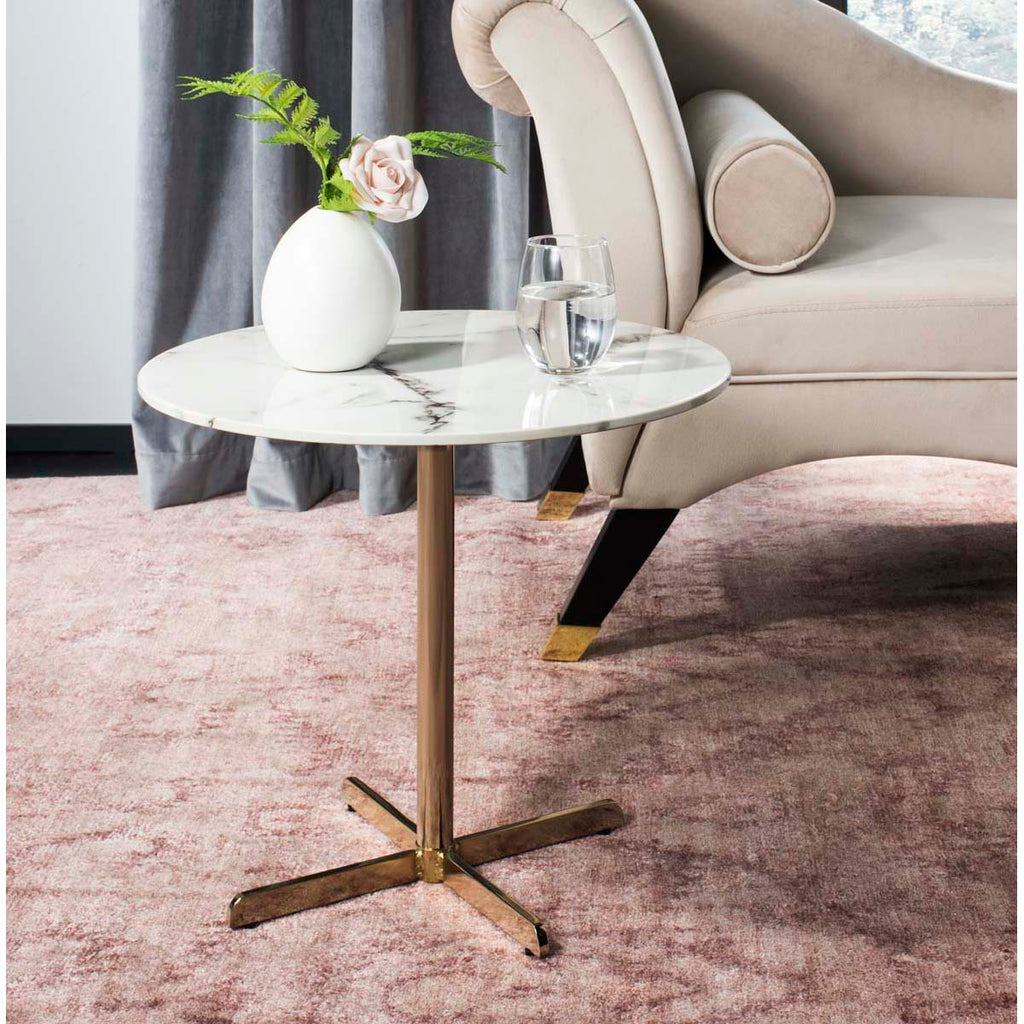 Safavieh Winnie Round Side Table - White Marble Veneer/Brass Leg