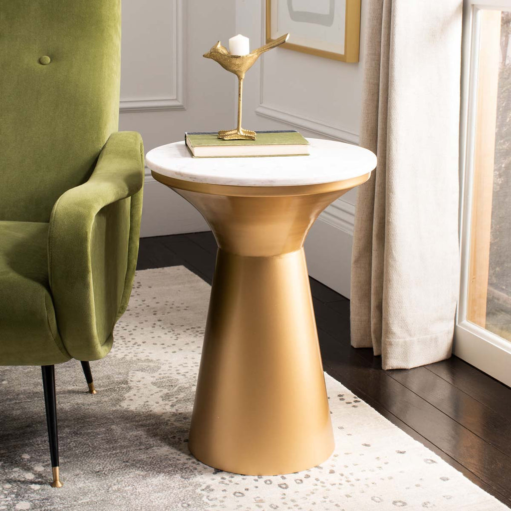 Safavieh Mila Pedestal End Table - White Marble/Brass