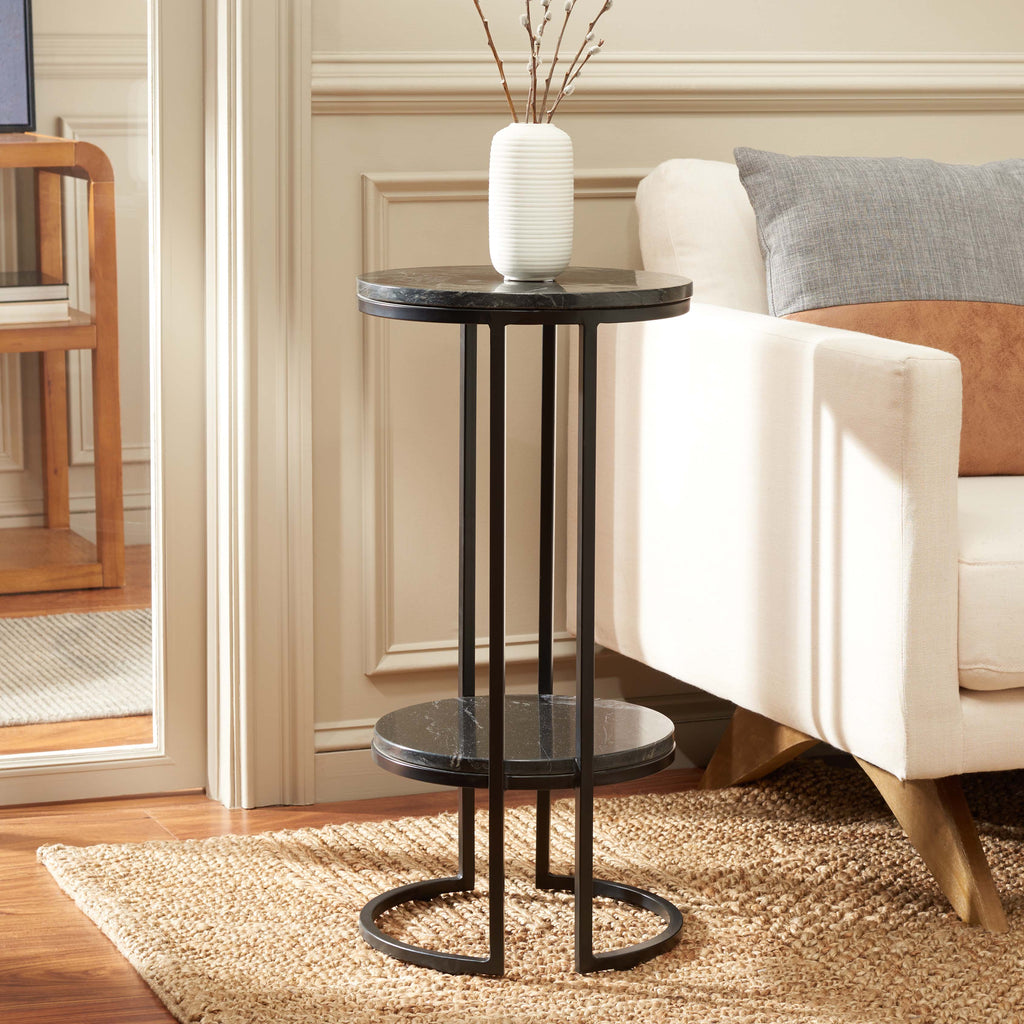 Safavieh Gunther 1 Shelf Round Accent Table - Marquine Black Marble / Black