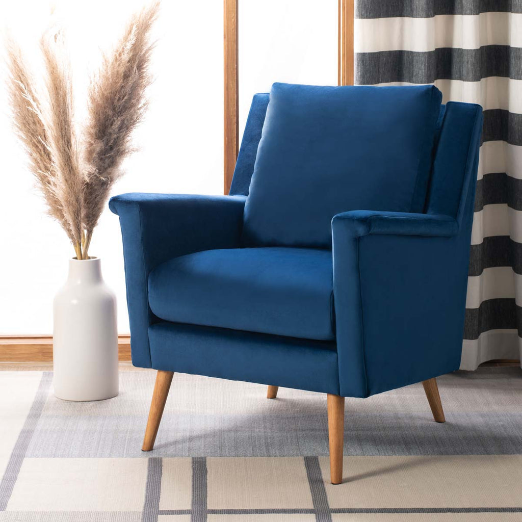 Safavieh Astrid Mid Century Arm Chair - Navy Velvet/Natural