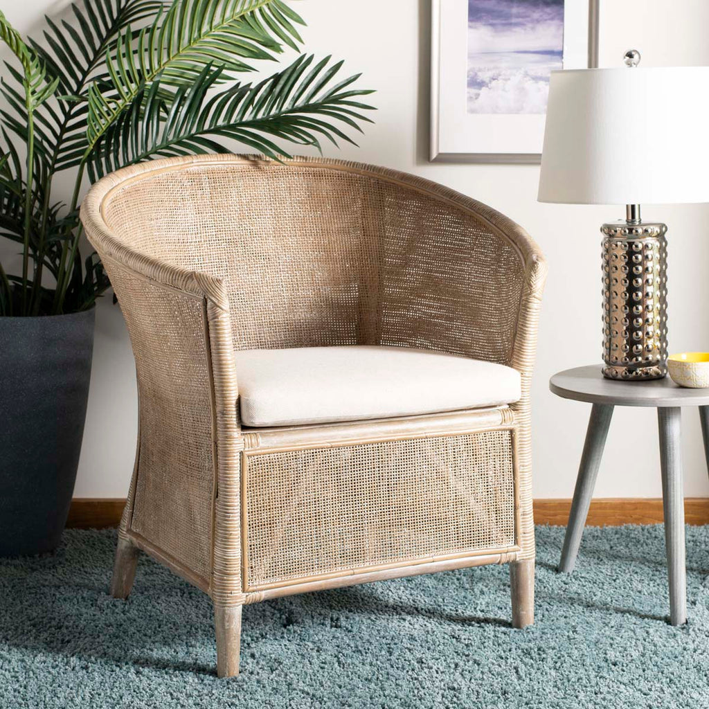 Safavieh Alexana Rattan Armchair - White Wash/White Cushion