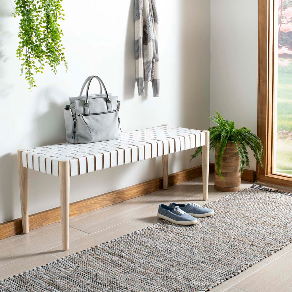 Safavieh Amalia Leather Weave Bench - Off White Leather/Light Oak