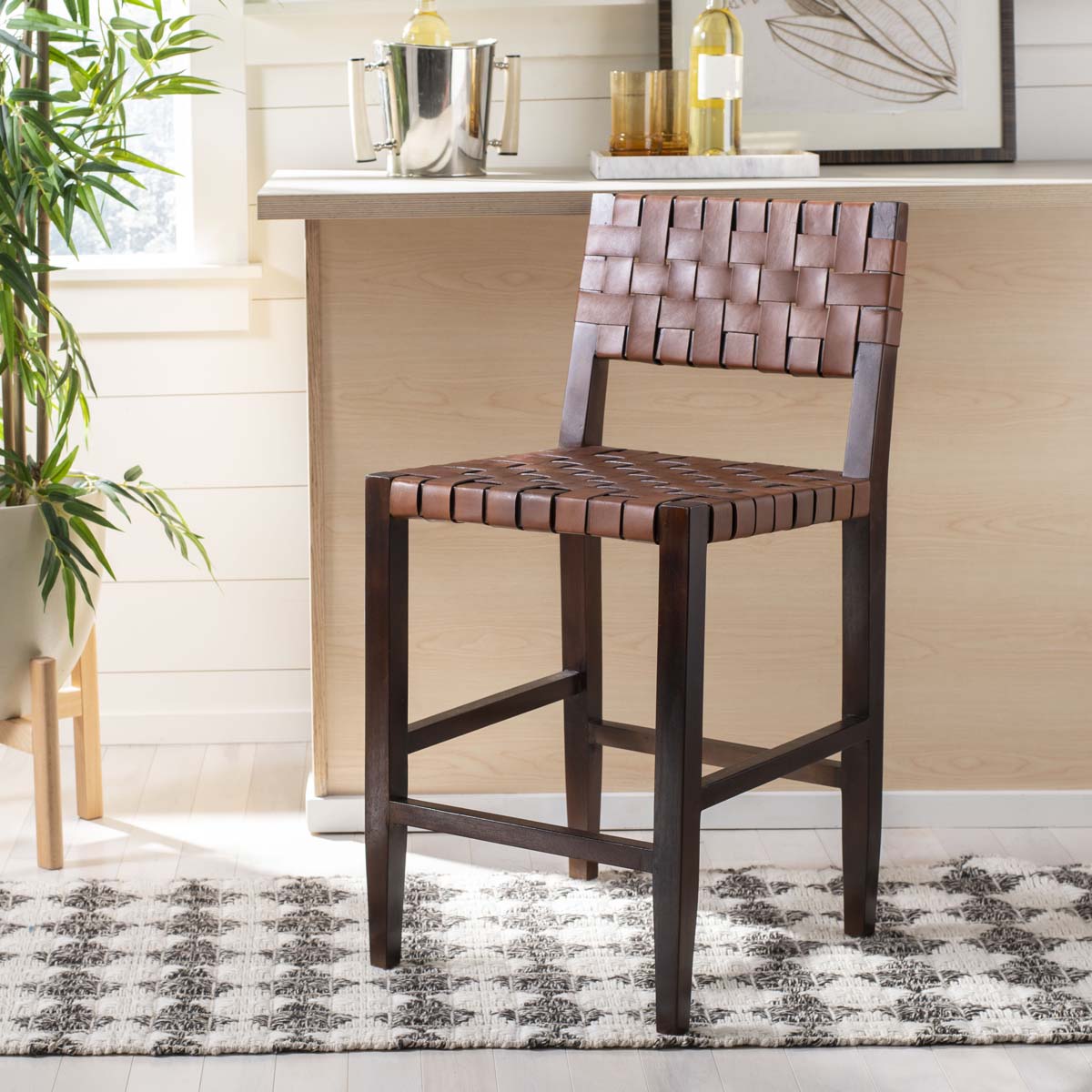 Safavieh Paxton Woven Leather Counter Stool Cognac Walnut Finish