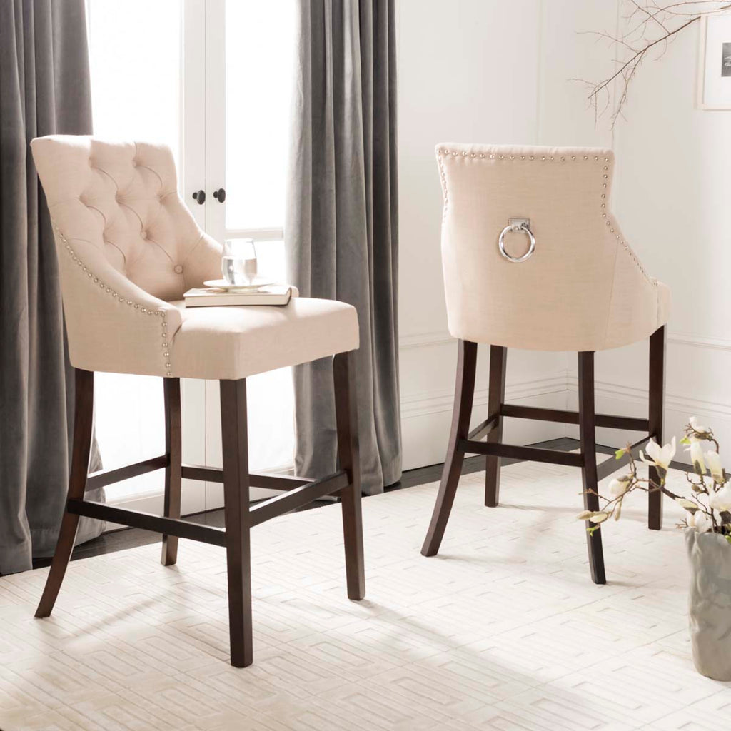 Safavieh Eleni Tufted Wing Back Bar Stool - Beige / Espresso (Set of 2)