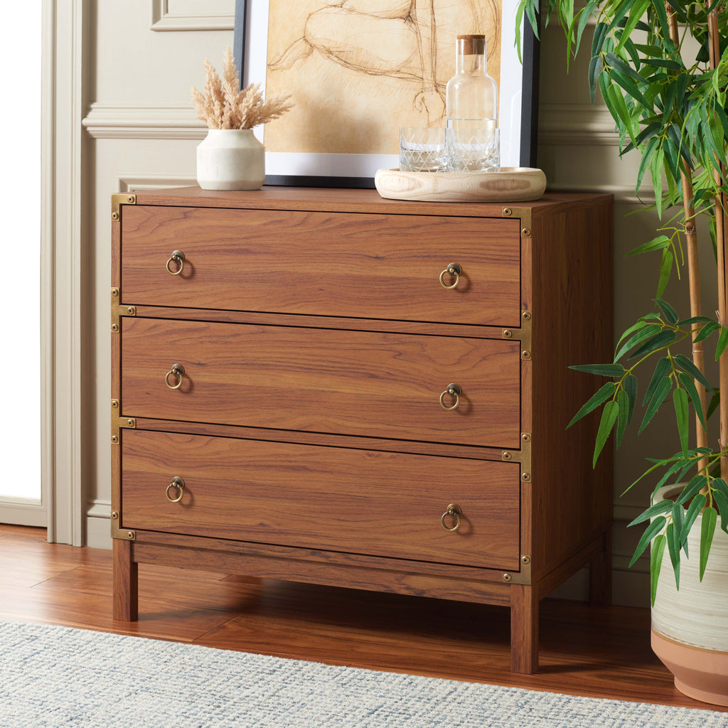 Safavieh Galio 3 Drawer Chest, Walnut / Gold