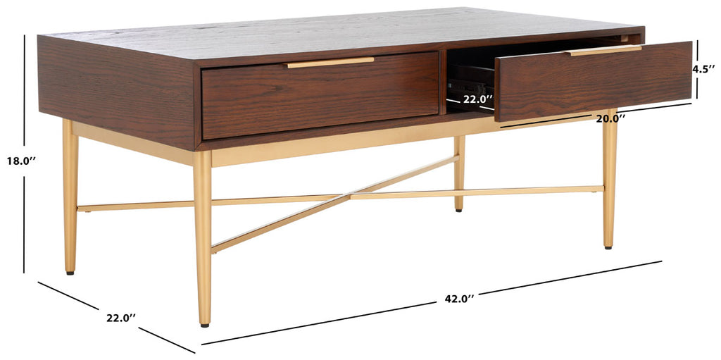 Safavieh Pierre 2 Drawer Coffee Table Walnut / Gold