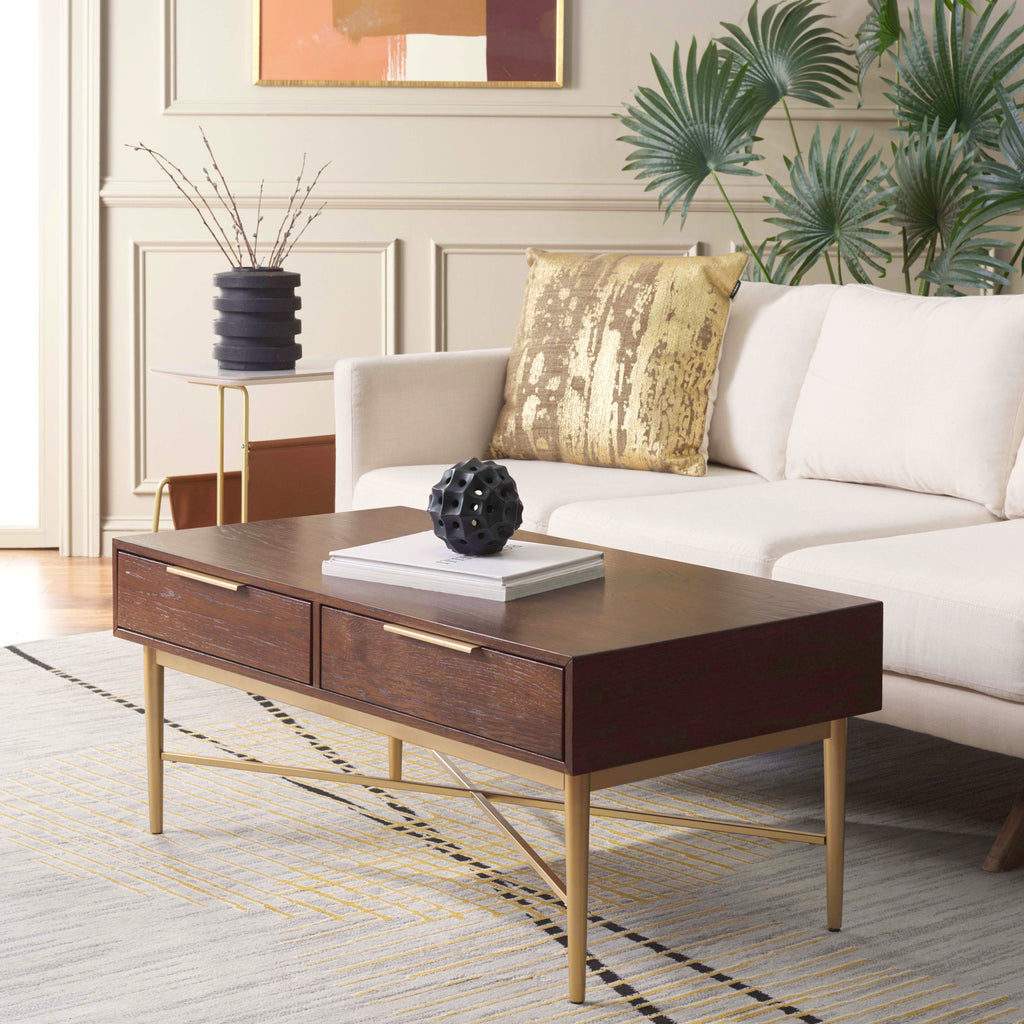 Safavieh Pierre 2 Drawer Coffee Table Walnut / Gold