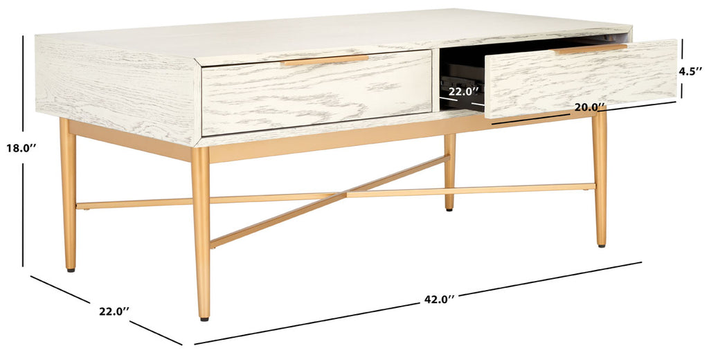 Safavieh Pierre 2 Drawer Coffee Table White Washed / Gold