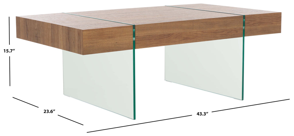 Safavieh Jacob Rectangular Glass Leg Modern Coffee Table - Natural Brown Top / Clear Glass Legs