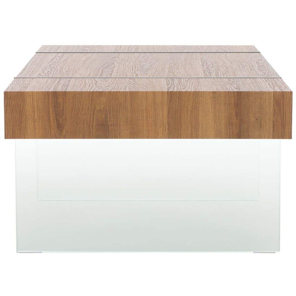 Safavieh Jacob Rectangular Glass Leg Modern Coffee Table - Natural Brown Top / Clear Glass Legs