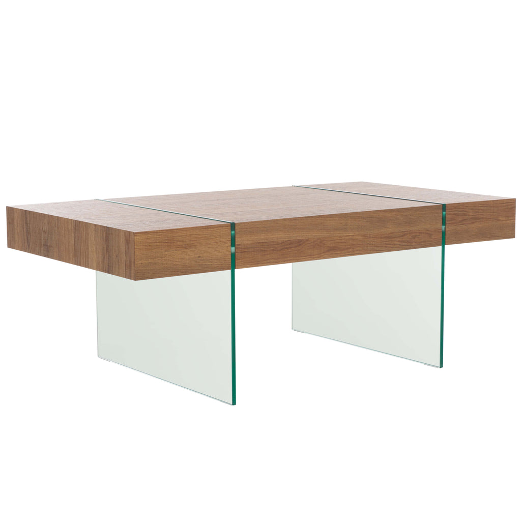 Safavieh Jacob Rectangular Glass Leg Modern Coffee Table - Natural Brown Top / Clear Glass Legs