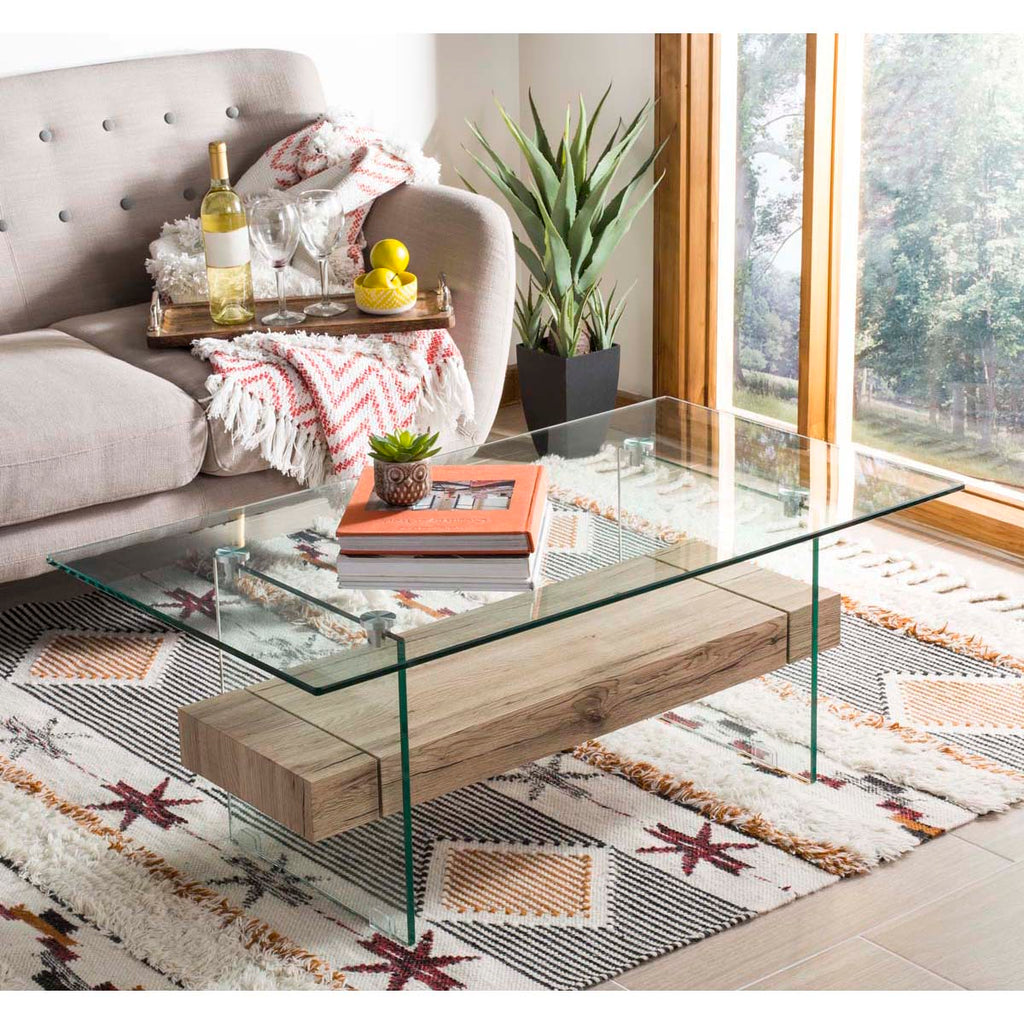 Safavieh Kayley Rectangular Modern Glass Coffee Table - Glass/Natural Wood Rack