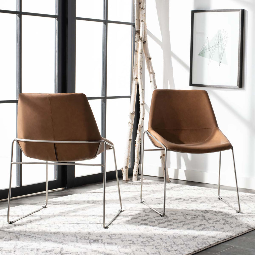 Safavieh Alexis Mid Century Dining Chair-Cigar Brown Pu/Silver (Set of 2)