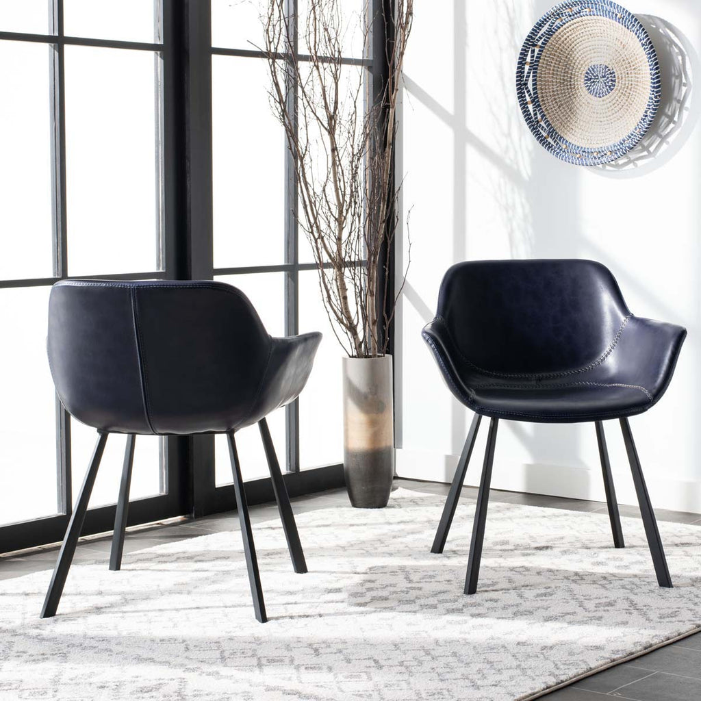 Safavieh Arlo Mid Century Dining Chair-Midnight Blue Pu/Black (Set of 2)