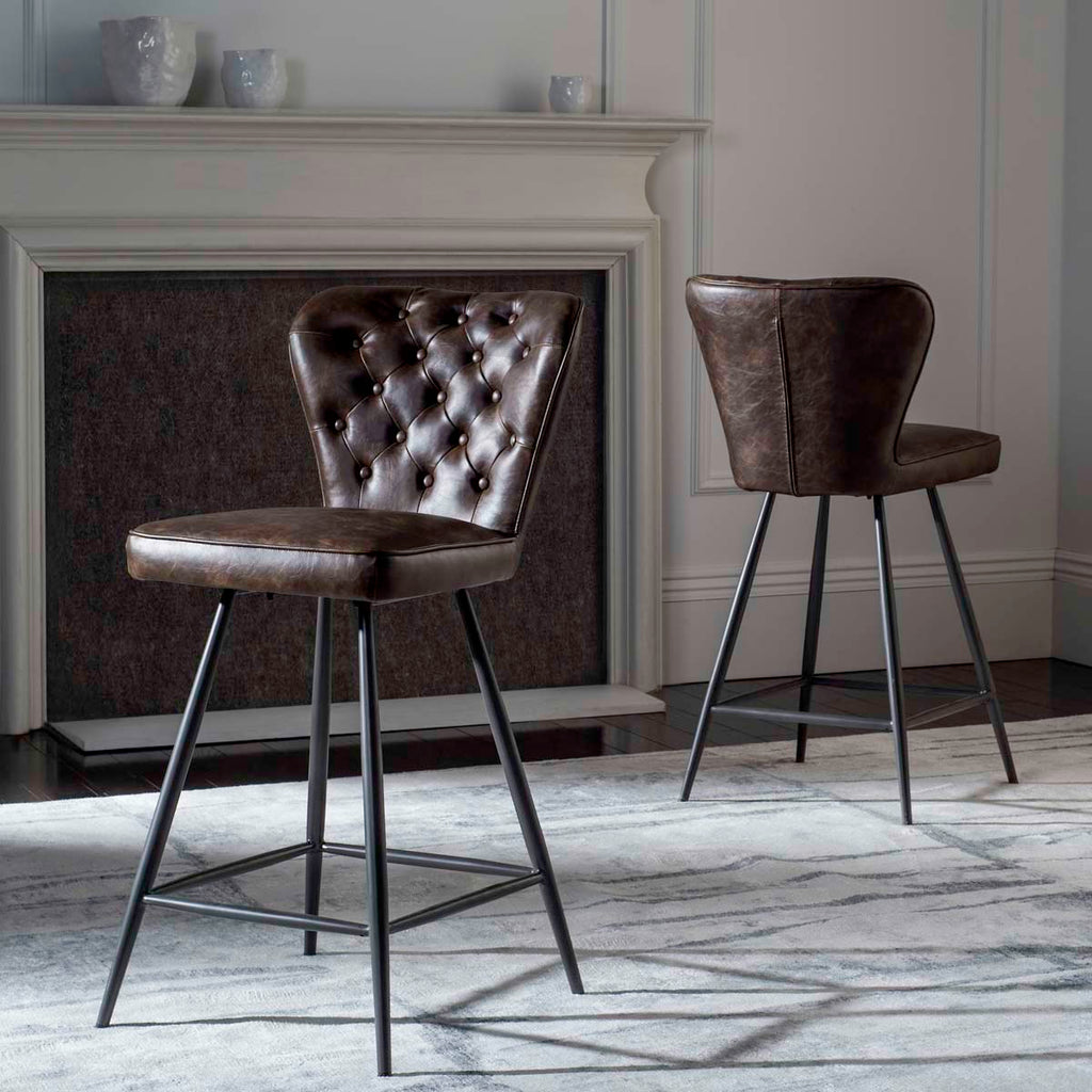 Safavieh Ashby 26H Mid Century Modern Leather Tufted Swivel Counter Stool - Brown (Set of 2)