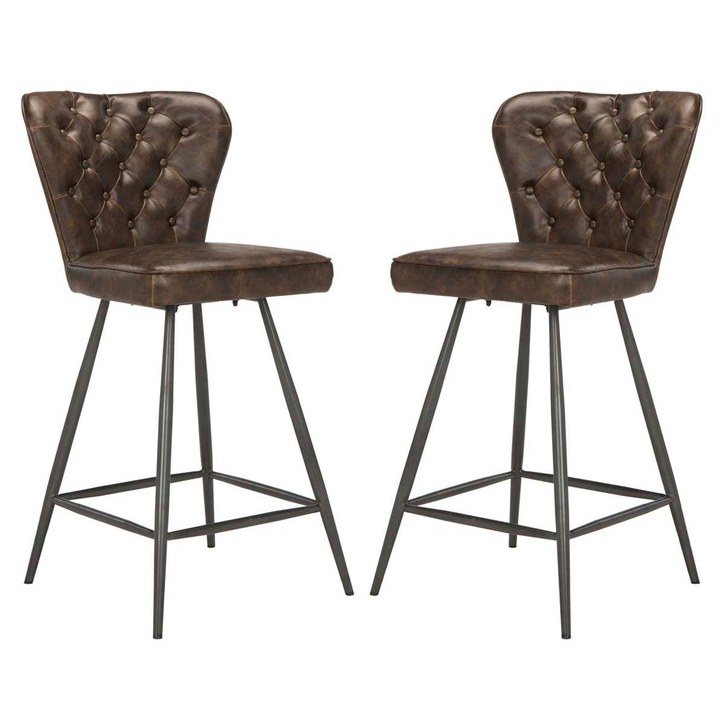 Safavieh Ashby 26H Mid Century Modern Leather Tufted Swivel Counter Stool - Brown (Set of 2)