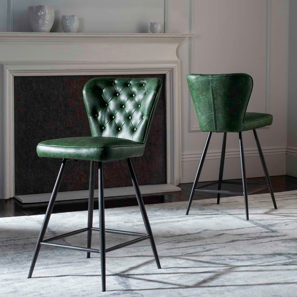 Safavieh Ashby 26H Mid Century Modern Leather Tufted Swivel Counter Stool - Green (Set of 2)