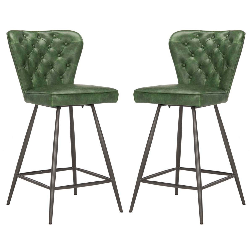 Safavieh Ashby 26H Mid Century Modern Leather Tufted Swivel Counter Stool - Green (Set of 2)