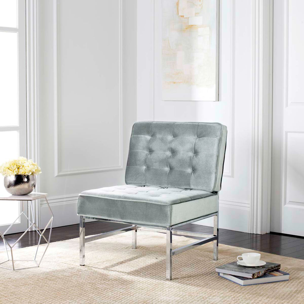 Safavieh Ansel Modern Tufted Linen Chrome Accent Chair - Light Grey Velvet