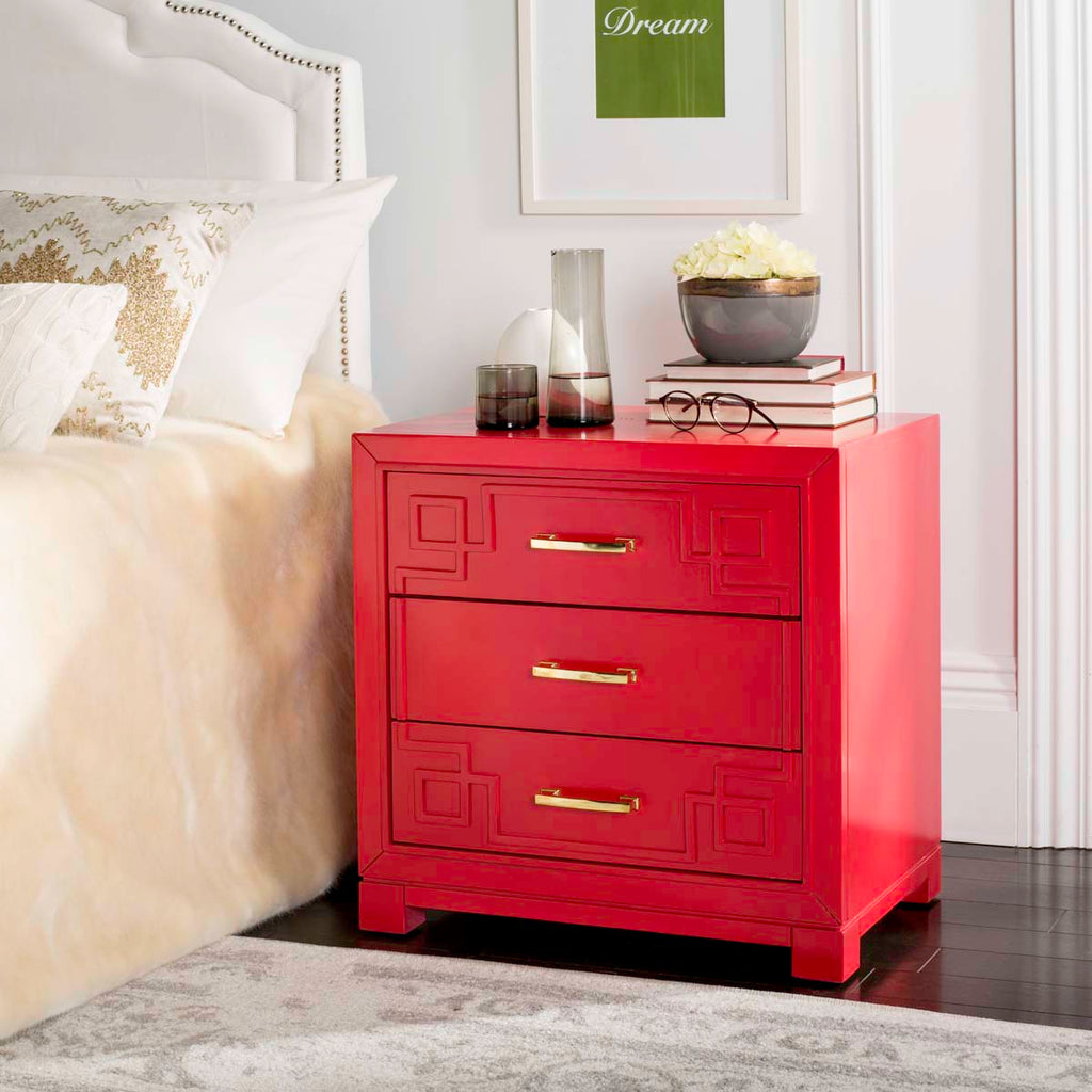 Safavieh Raina Three Drawer Greek Key Night Stand - Red