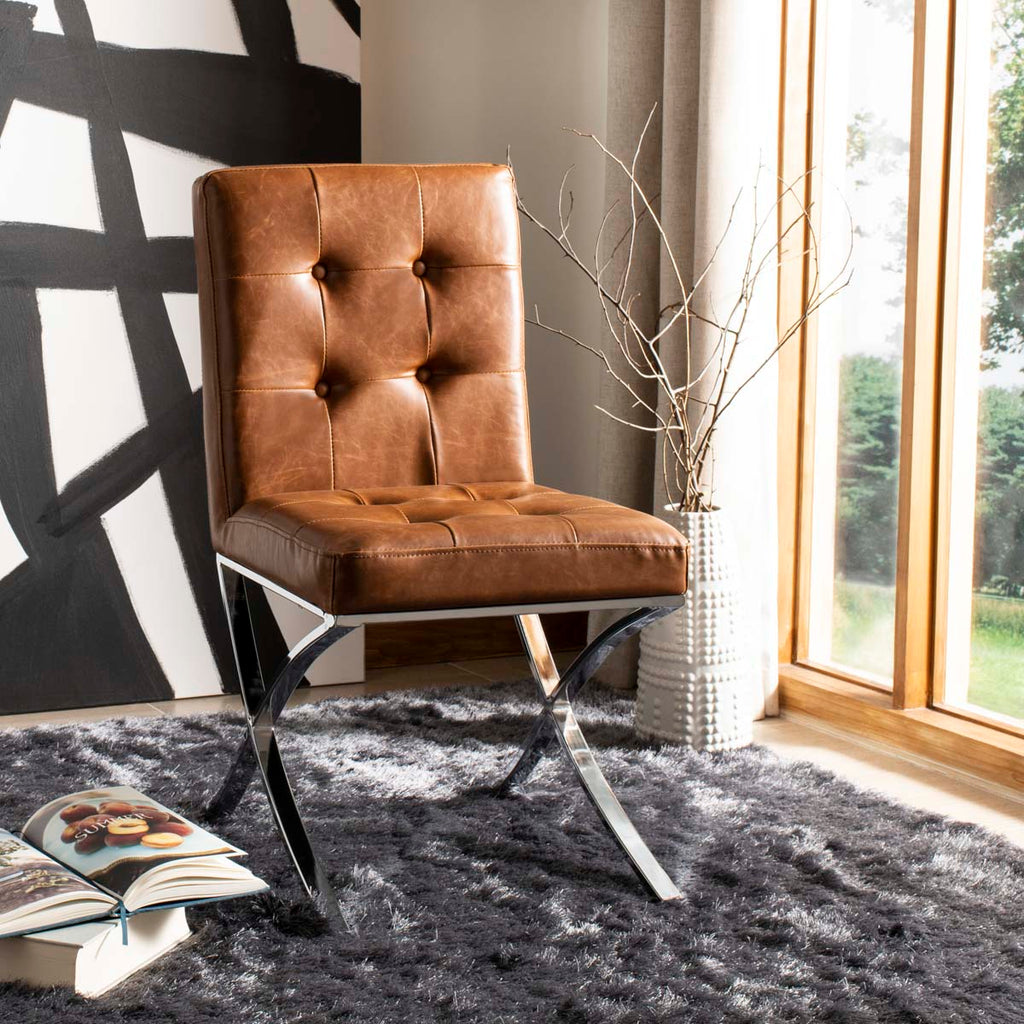 Safavieh Walsh Tufted Side Chair - Light Brown Pu/Chrome