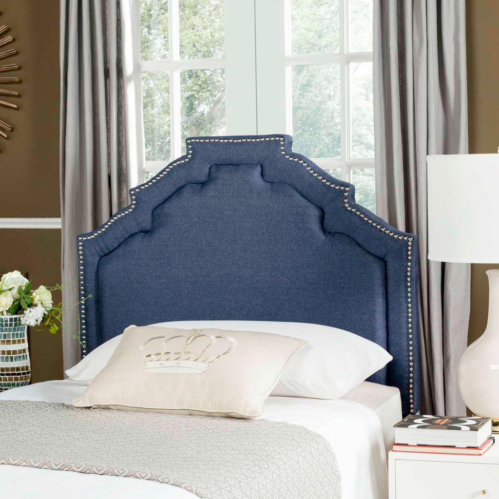 Safavieh Alexia Navy Linen Headboard - Silver Nail Heads - Navy