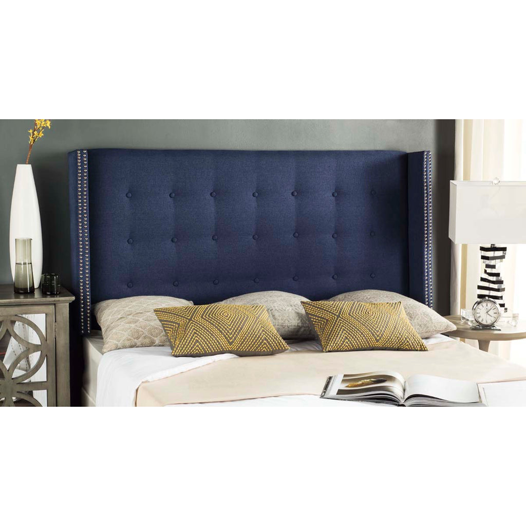 Safavieh Keegan Navy Linen Tufted Winged  Headboard - Silver Nail Head  - Navy