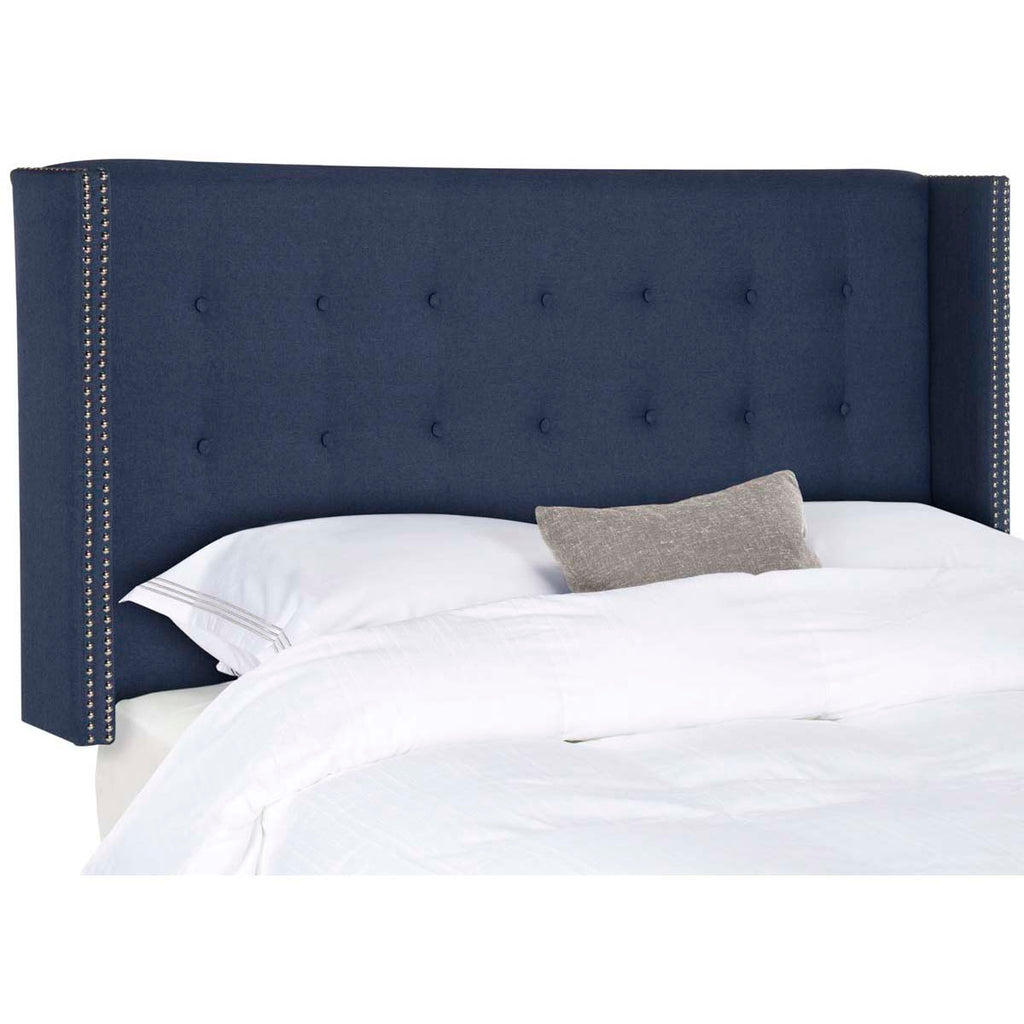 Safavieh Keegan Navy Linen Tufted Winged  Headboard - Silver Nail Head  - Navy