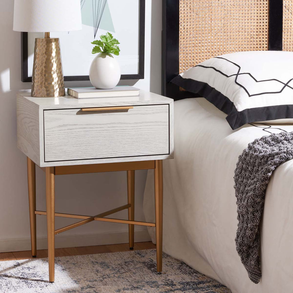 Safavieh Pierre One Drawer Nightstand - White Washed / Gold