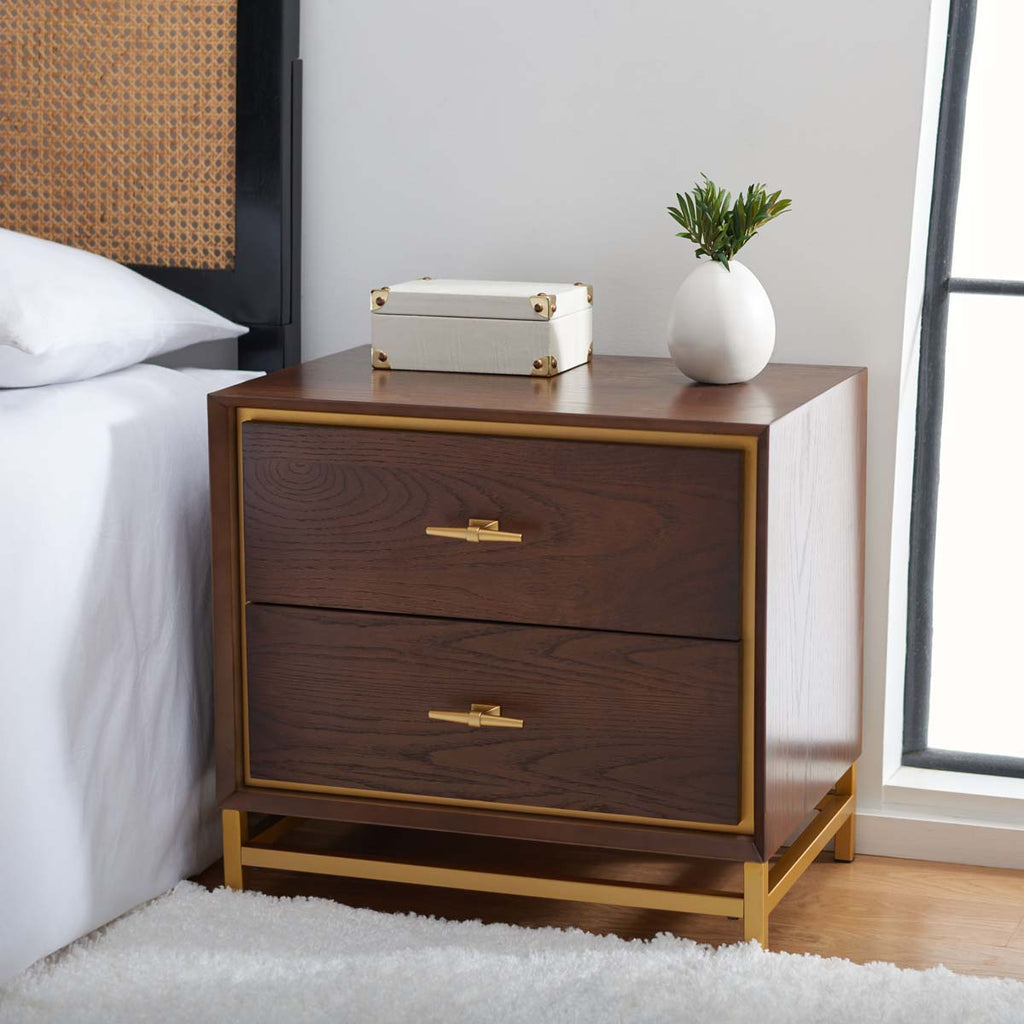 Safavieh Fenno 2 Drawer Nightstand - Walnut / Brass