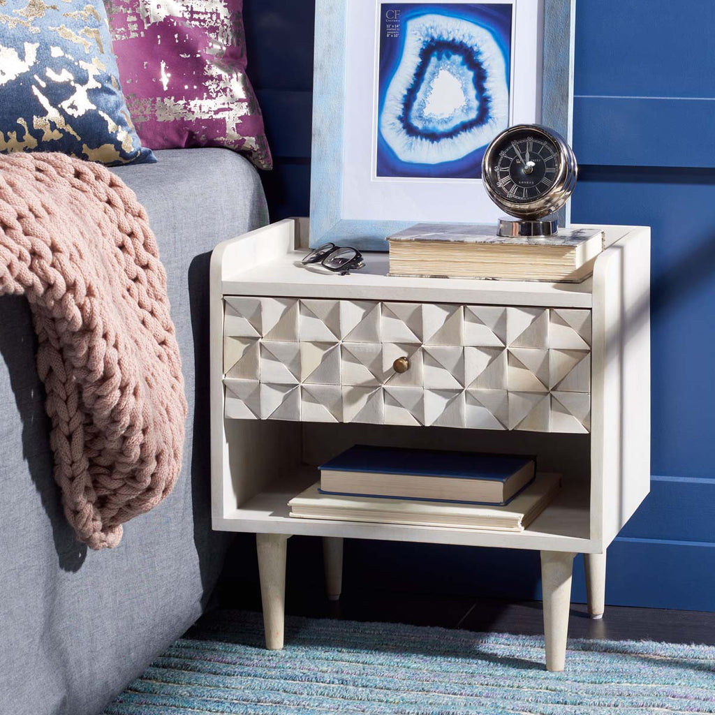 Safavieh Zinnia Nightstand - White Washed / Brass