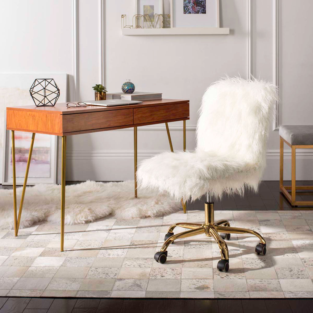 Safavieh Whitney Faux Sheepskin Gold Leg Swivel Office Chair - White / Gold