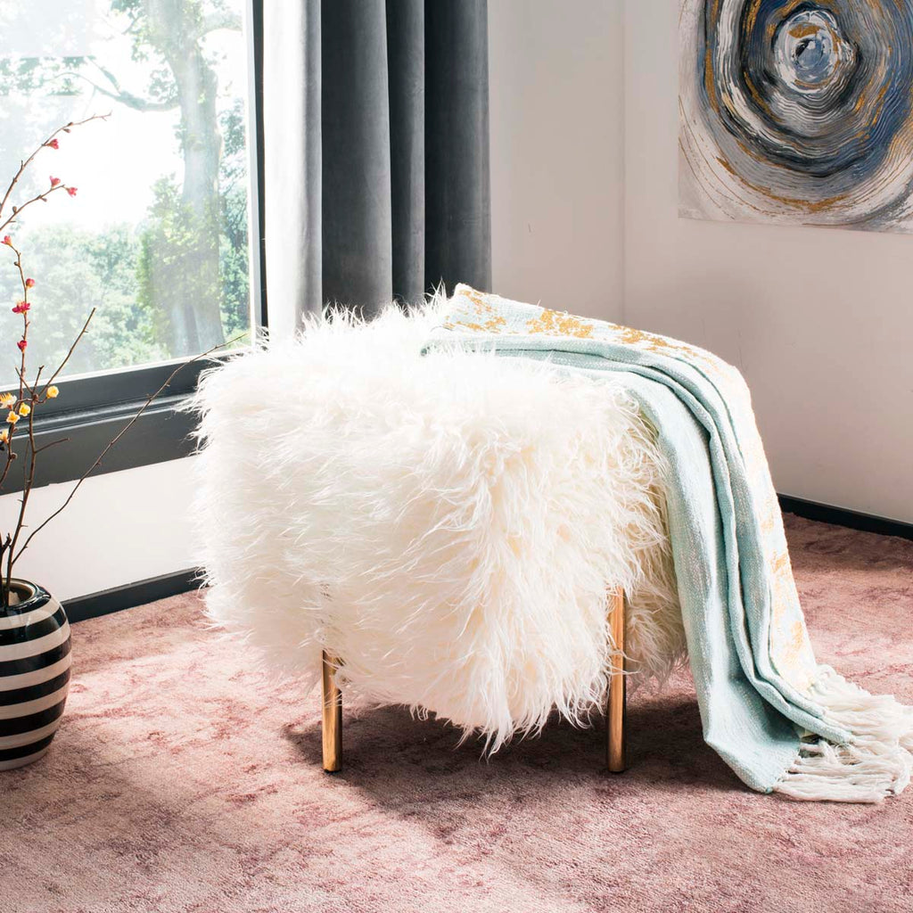 Safavieh Momina Faux Fur Square Ottoman - White / Brass