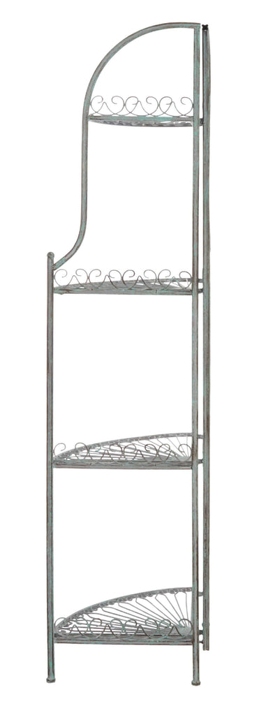 Abarrane Wrought Iron 4 Tier Outdoor Corner Shelf | Safavieh - PAT5013- Antique Green