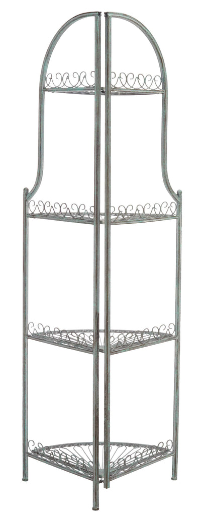 Abarrane Wrought Iron 4 Tier Outdoor Corner Shelf | Safavieh - PAT5013- Antique Green