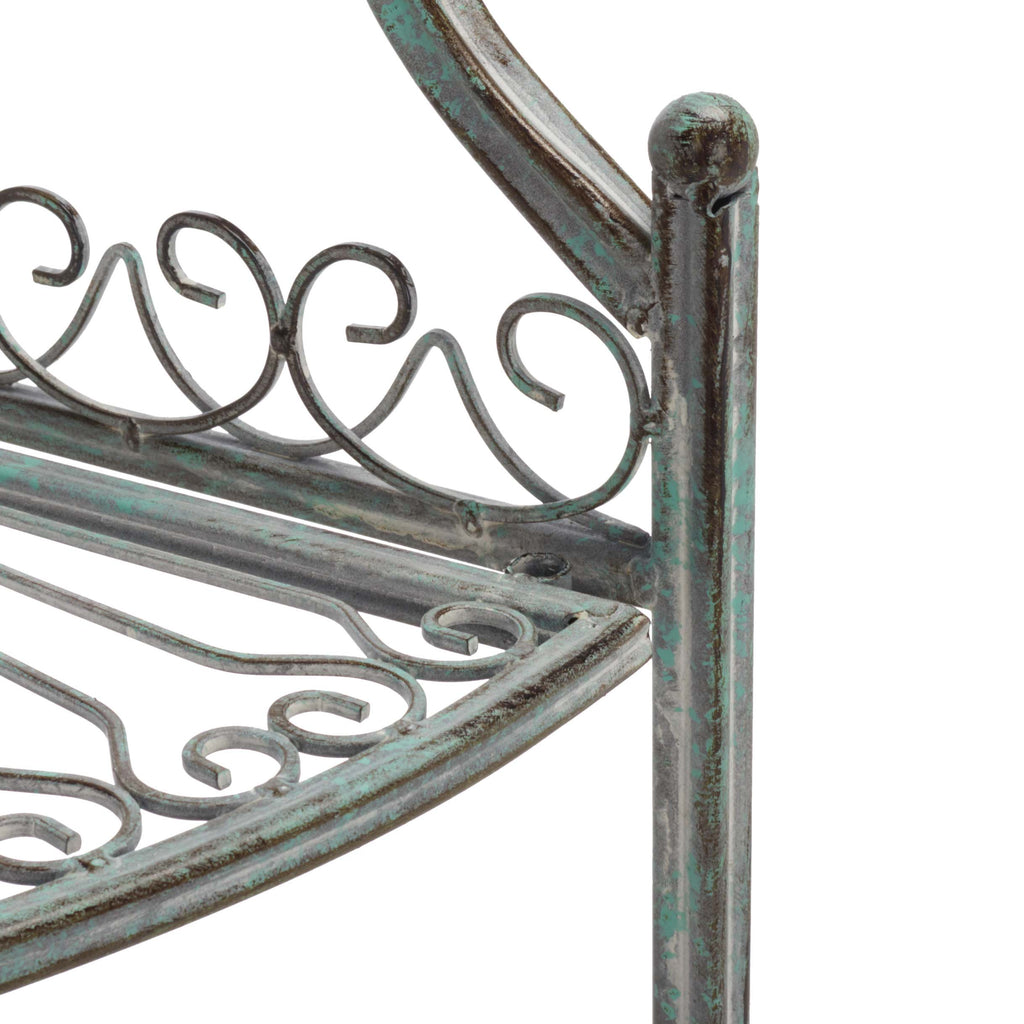 Abarrane Wrought Iron 4 Tier Outdoor Corner Shelf | Safavieh - PAT5013- Antique Green