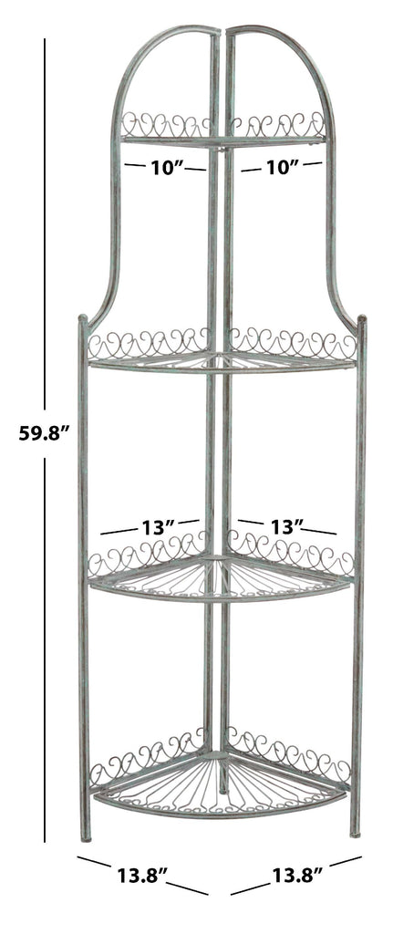 Abarrane Wrought Iron 4 Tier Outdoor Corner Shelf | Safavieh - PAT5013- Antique Green