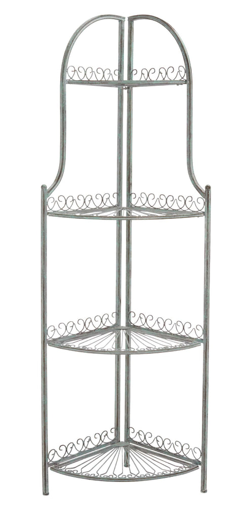 Abarrane Wrought Iron 4 Tier Outdoor Corner Shelf | Safavieh - PAT5013- Antique Green