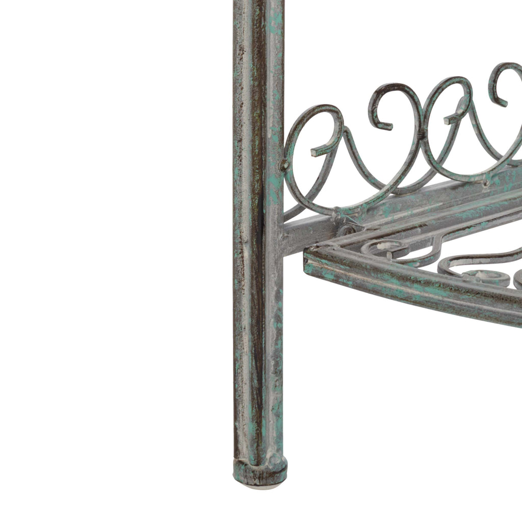 Abarrane Wrought Iron 4 Tier Outdoor Corner Shelf | Safavieh - PAT5013- Antique Green