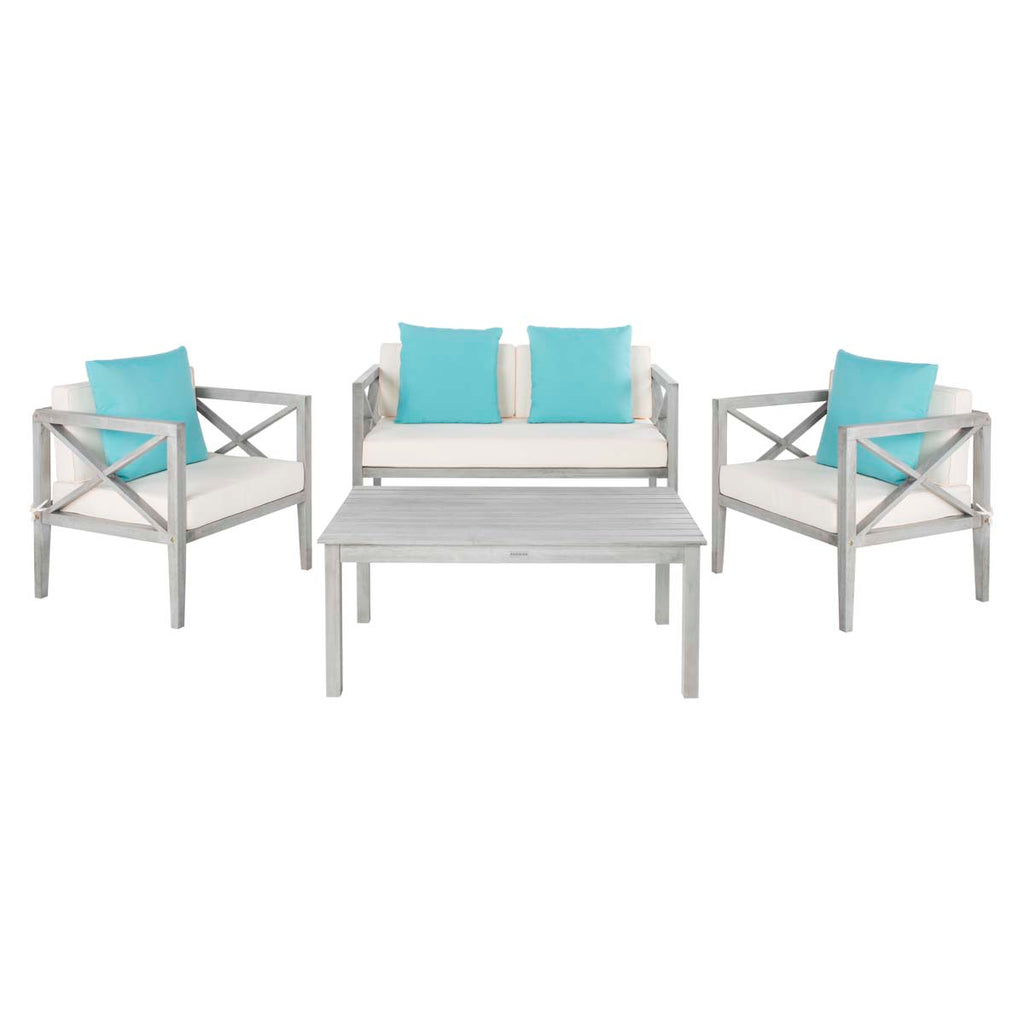 Safavieh Nunzio 4 Pc Outdoor Set With Accent Pillows - Grey Wash/Off-White/Light Blue