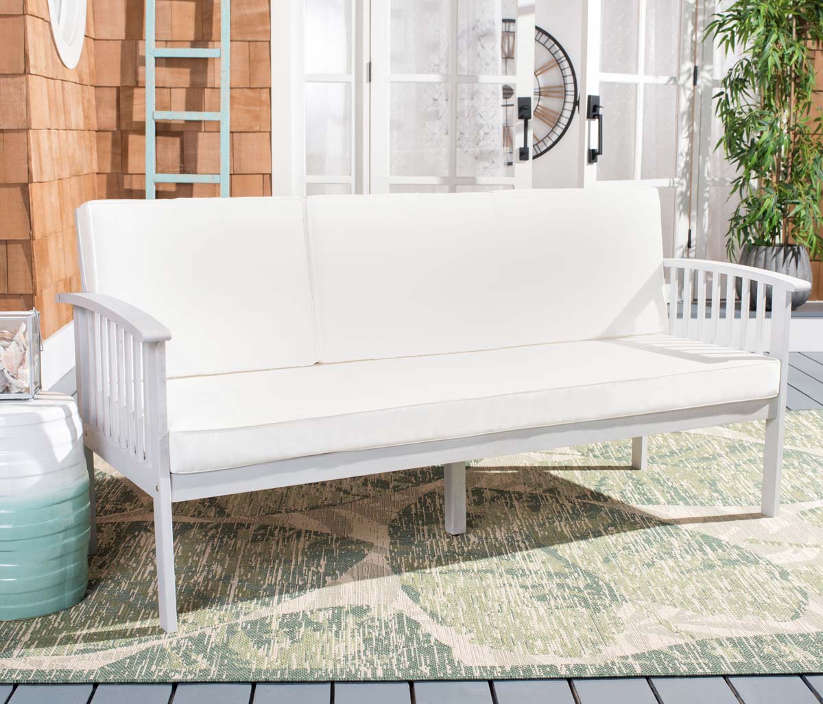Safavieh Finnick Outdoor Bench Grey Wood Beige Cushion