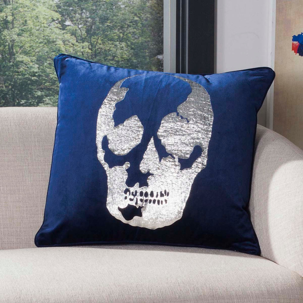 Safavieh Rayen Skull Pillow - Dark Blue/Silver