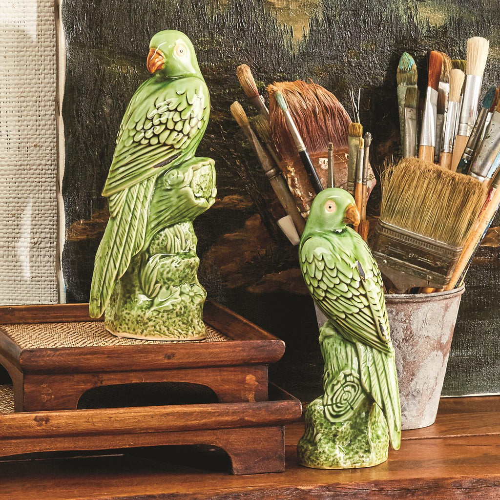 Two's Company Tropical Green Parrot Sculptures - Porcelain (set of 2)