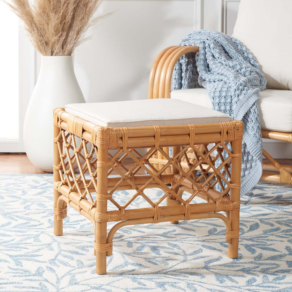Safavieh Larroux Rattan Ottoman W/ Cushion - Honey / White