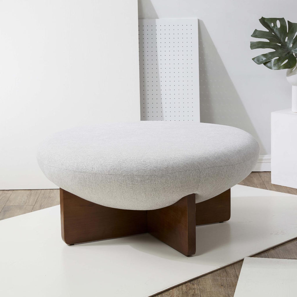 Safavieh Couture Tailor Round Linen Ottoman - Taupe / Brown