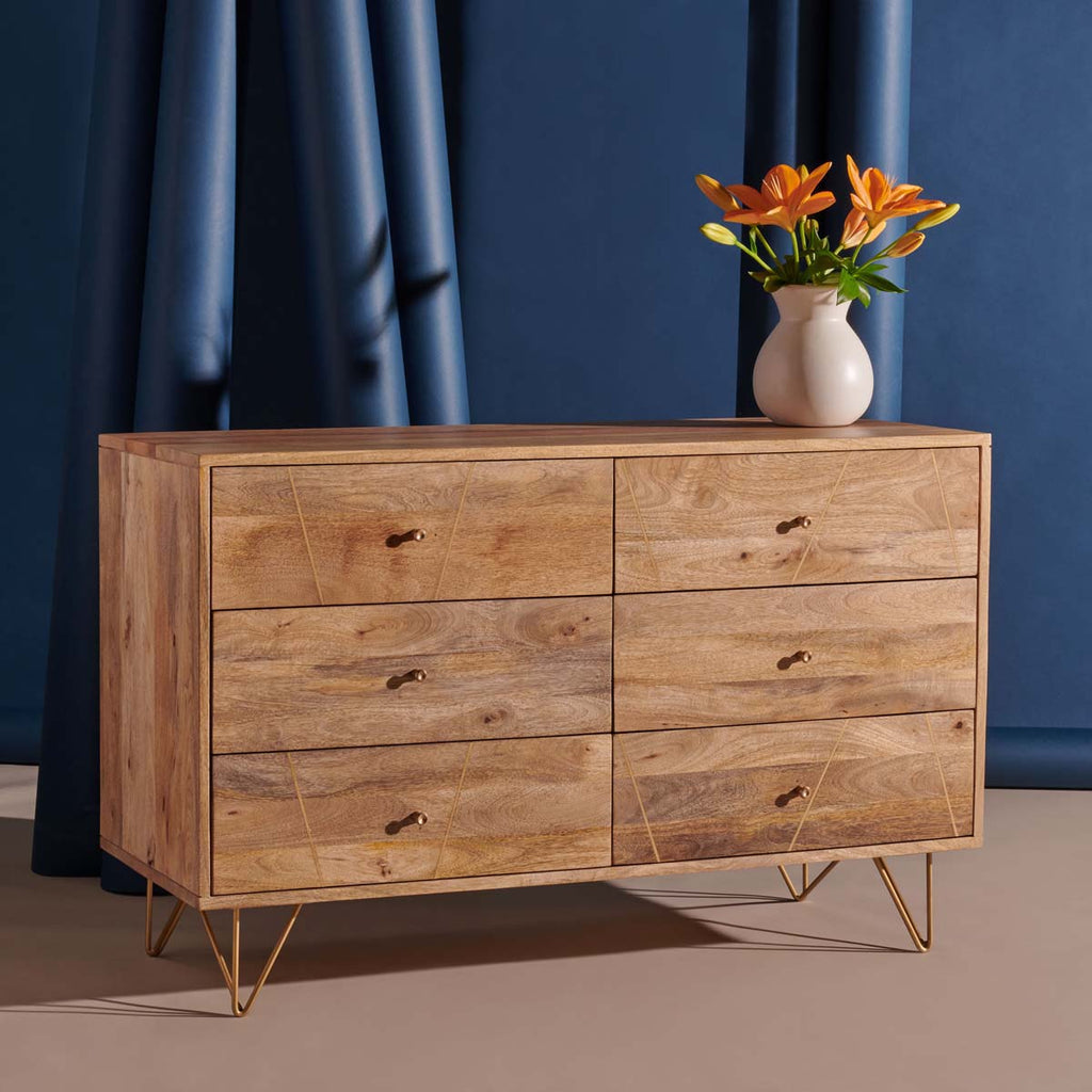 Safavieh Marigold 6 Drawer Dresser-Natural / Gold