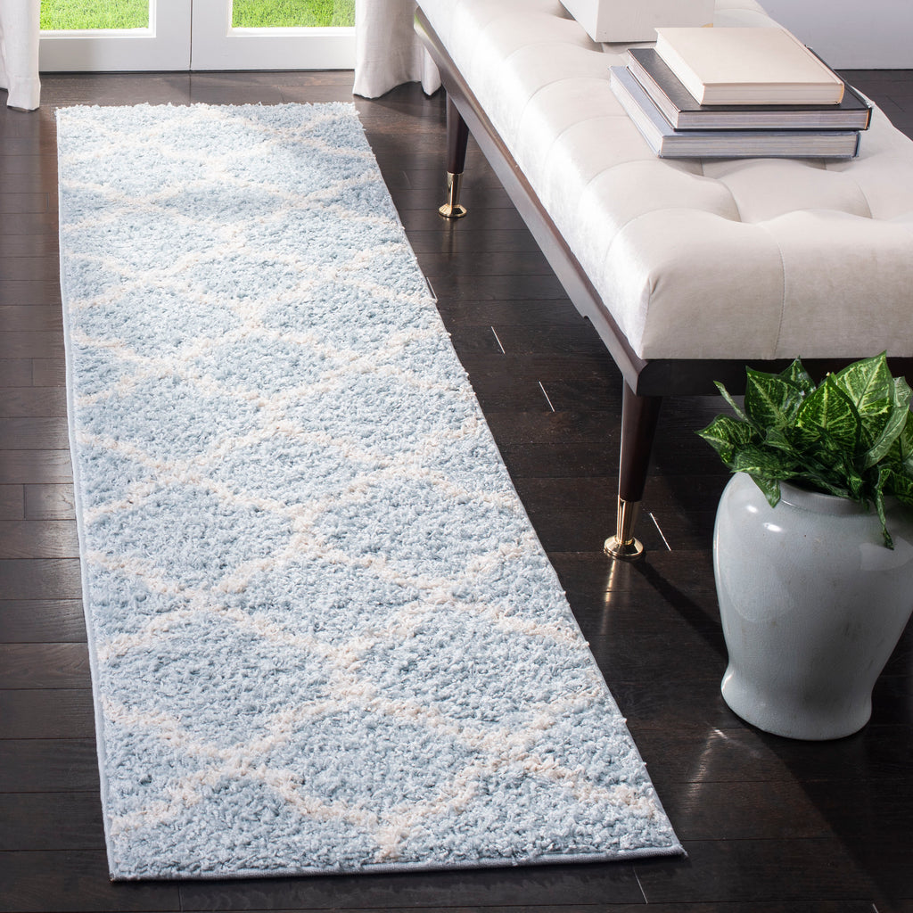 Geometric Runner Rug, SG168D, 62 X 240 cm in Blue / Ivory