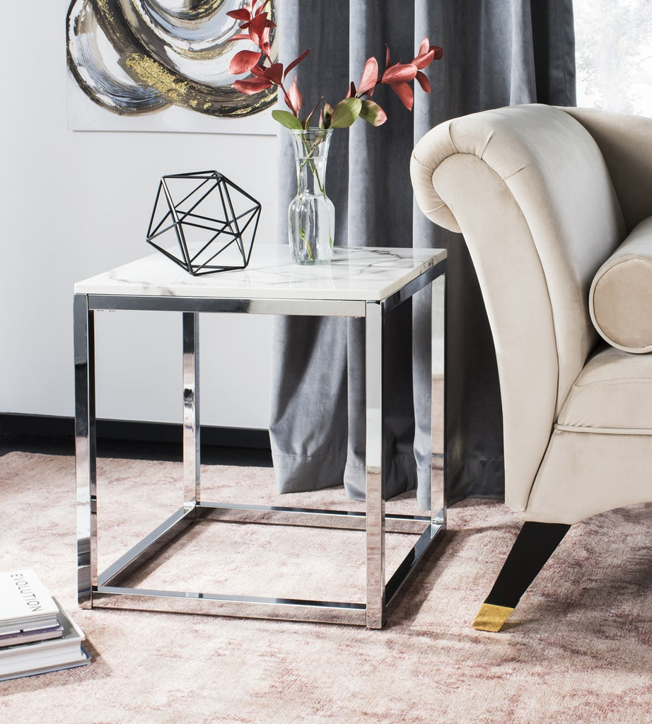 Safavieh Bethany Square End Table - White Marble Veneer/Chrome Leg