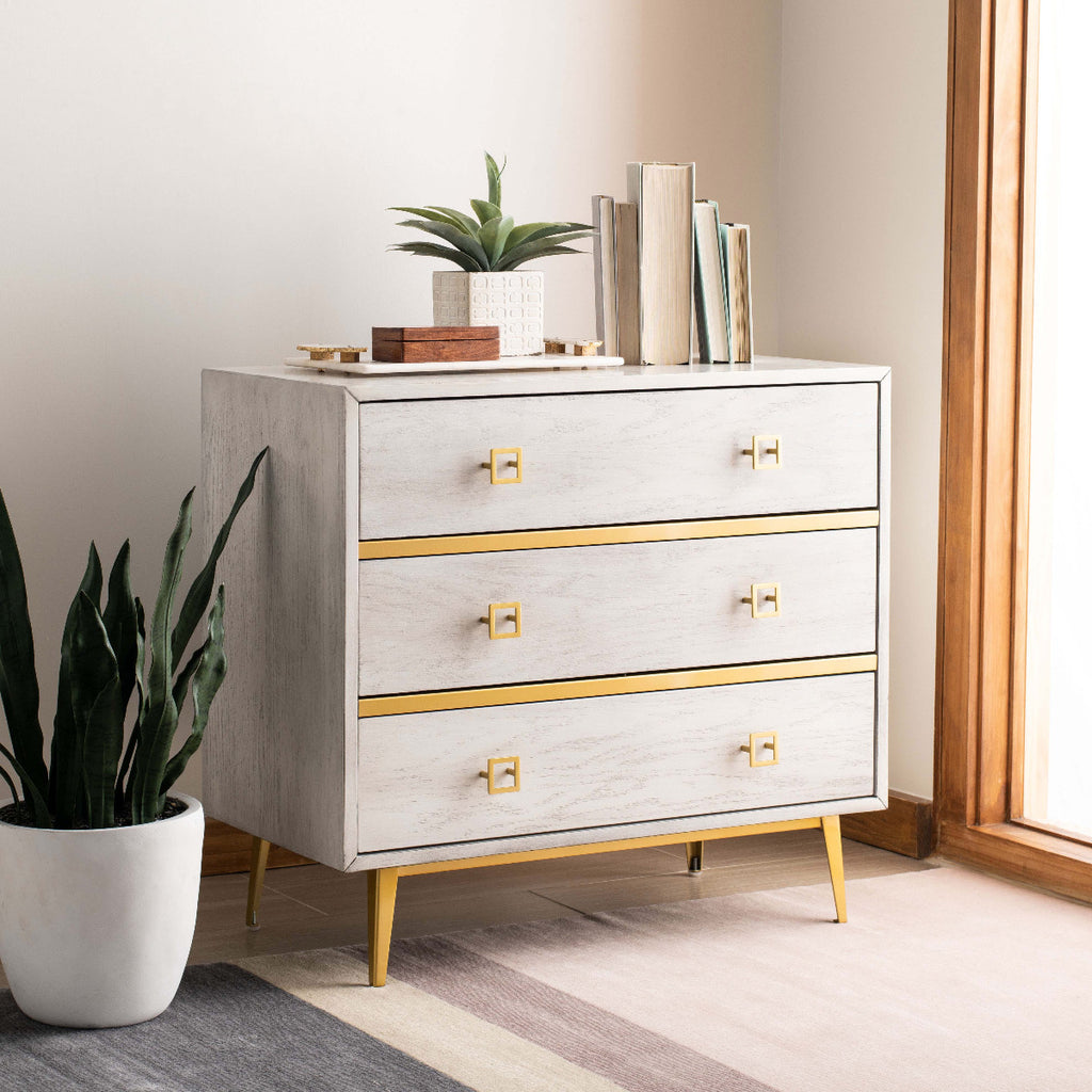 Safavieh Katia 3 Drawer Chest - White Wash/Gold